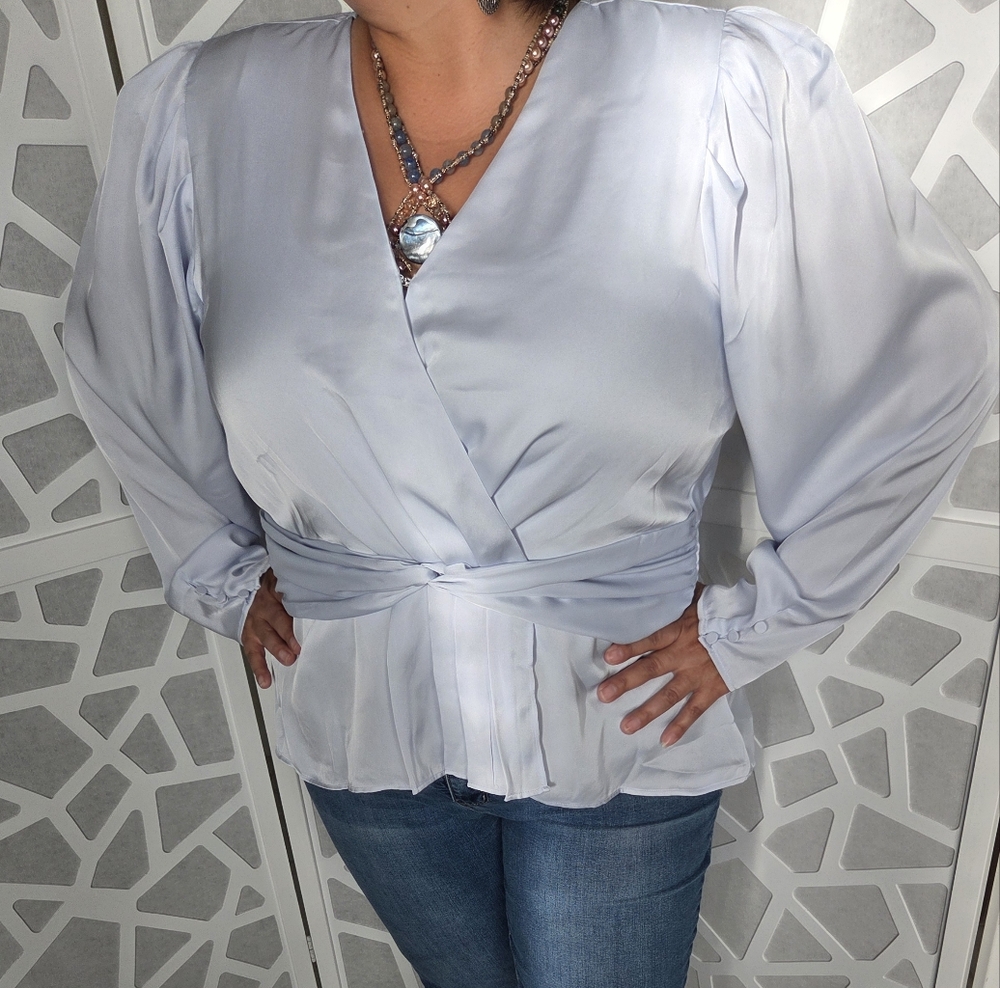 Express Satin Feel Elegant Women's Light Blue Wrap Top XL